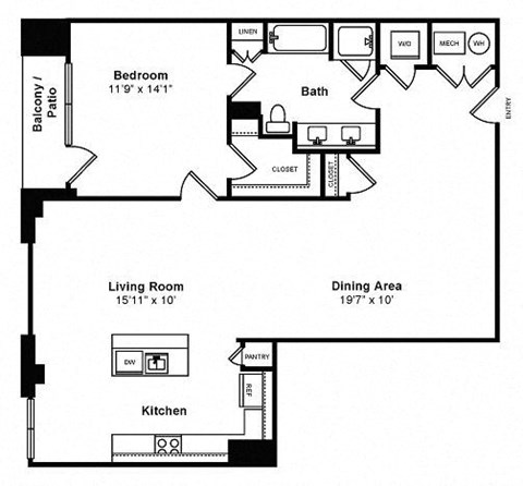 Floor plan for 1 bed, 1 bath, 1020 sqft